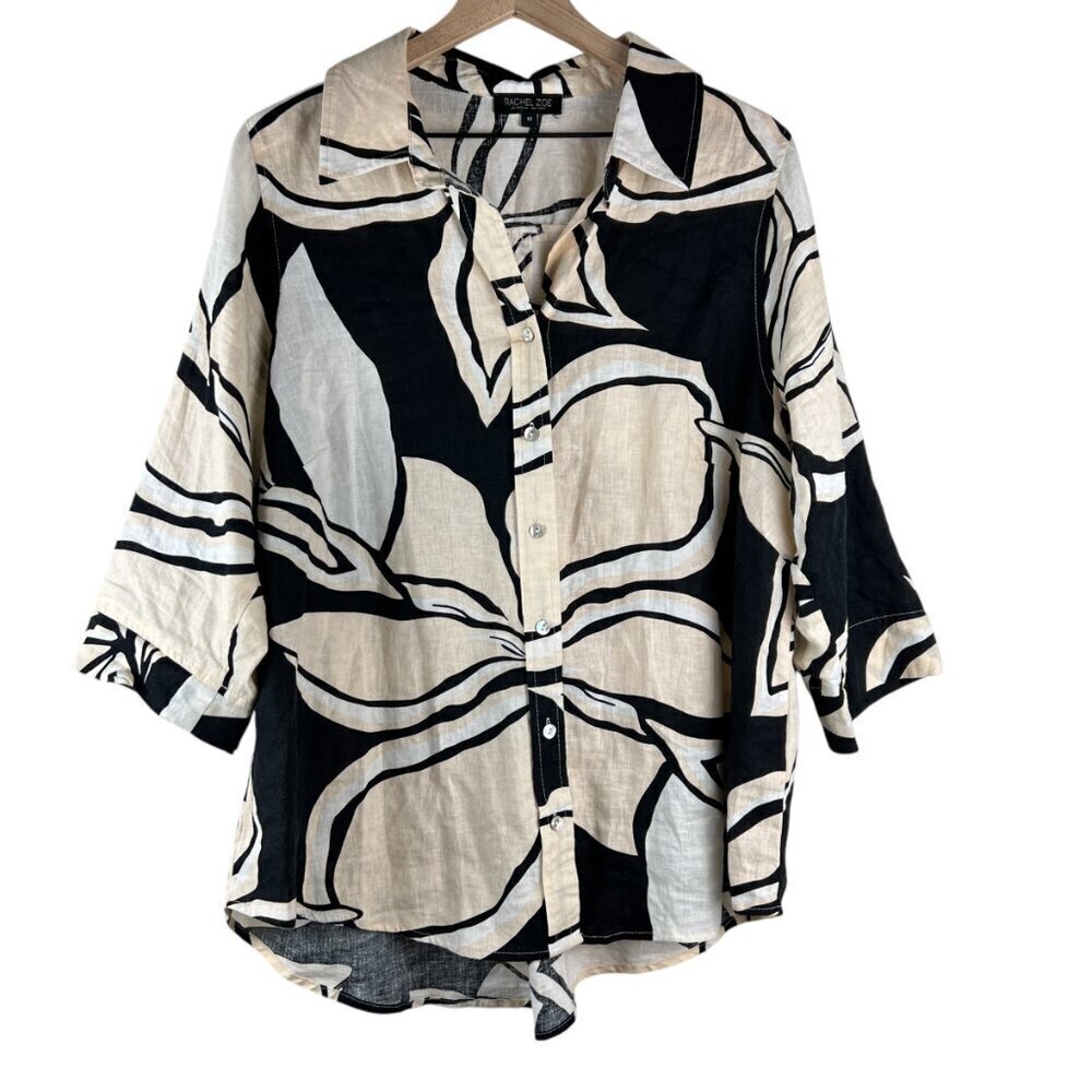Rachel Zoe Cream Black Printed Linen Blend Button Down Shirt
